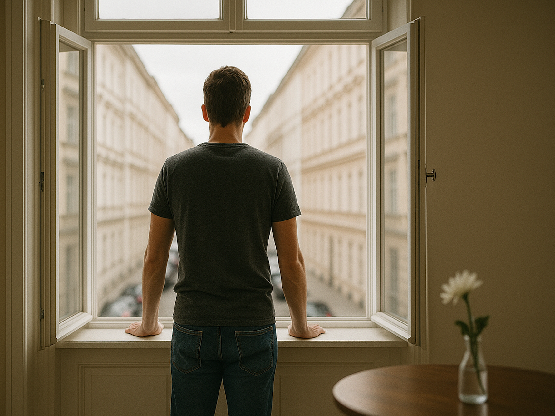 Das maschinell mit künstlicher Intelligenz erstellte Symbolbild zeigt einen Mann am Fenster seiner Wohnung.