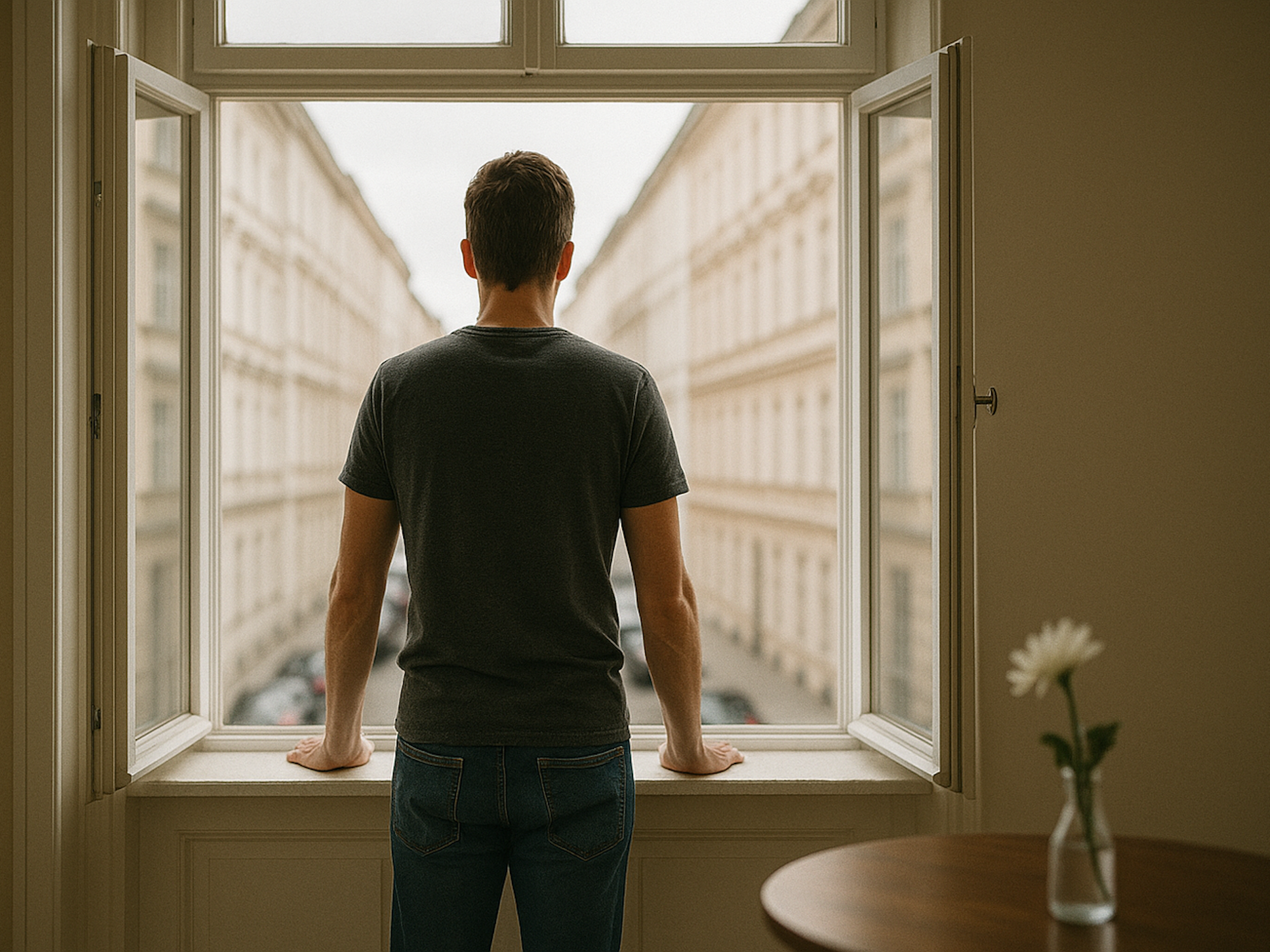 Das maschinell mit künstlicher Intelligenz erstellte Symbolbild zeigt einen Mann am Fenster seiner Wohnung.