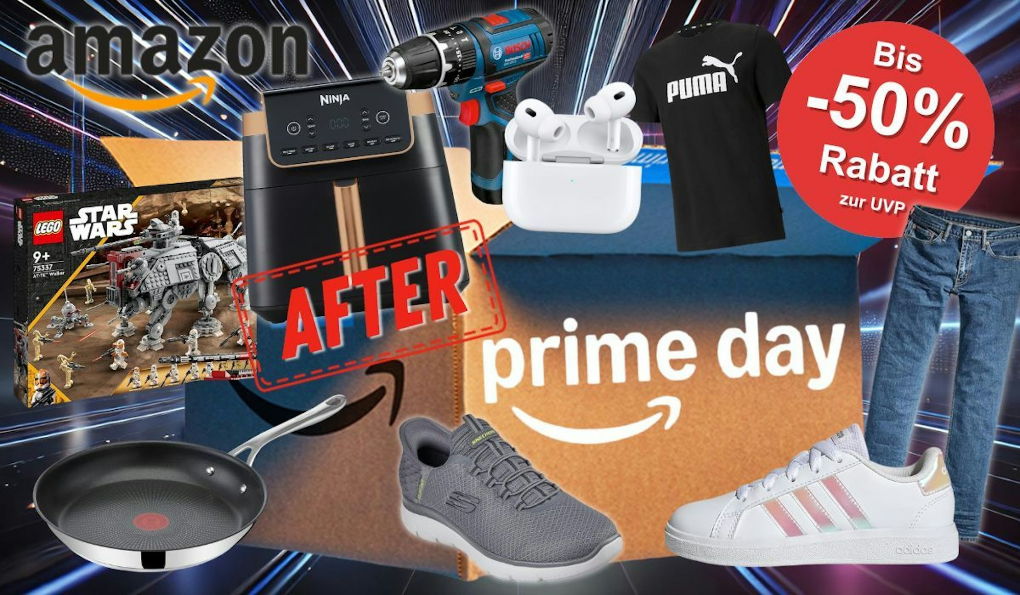 Amazon After Prime Day Produkte im Sale. Bosch Professional Akkubohrschrauber, Skechers Sneaker, Adidas Sneaker, Lego Star Wars, Tefal Jamie Oliver Pfanne, Levi's Jeans, Apple Airpods, Puma Shirt.