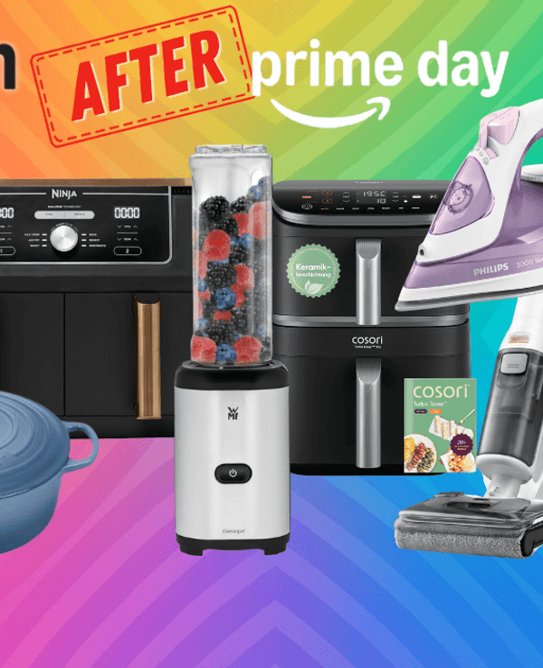 Verschiedene Küchenartikel wie Airfryer, Staubsauger, Bügeleisen, Kaffeemaschine und mehr sind vor einem bunten Hintergrund platziert.