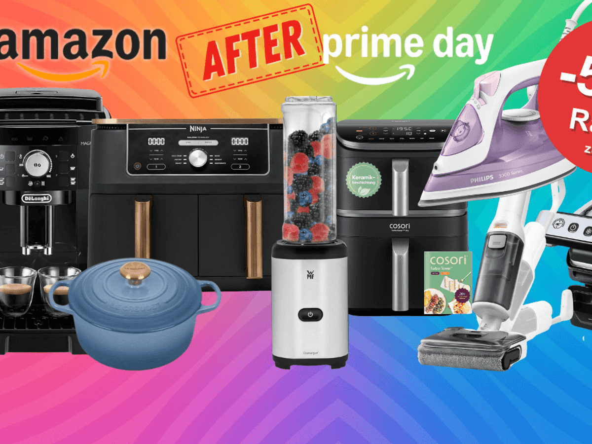 Verschiedene Küchenartikel wie Airfryer, Staubsauger, Bügeleisen, Kaffeemaschine und mehr sind vor einem bunten Hintergrund platziert.