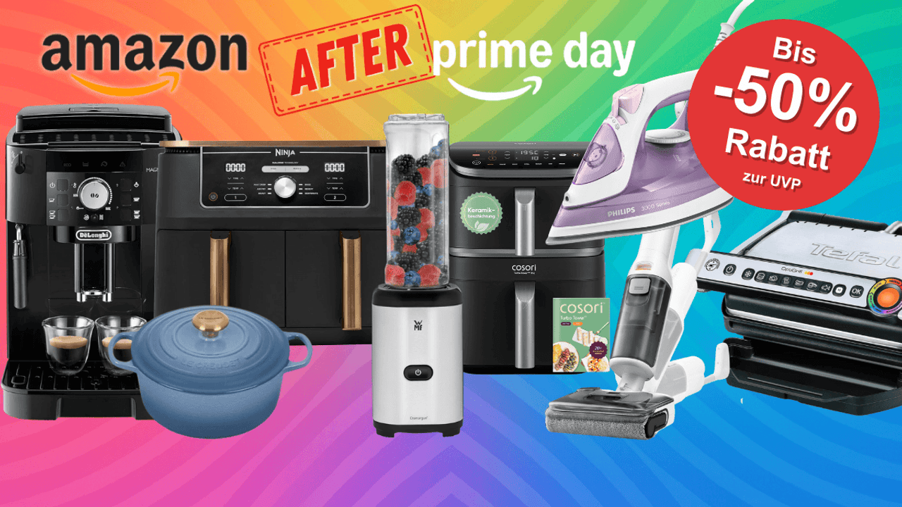 Verschiedene Küchenartikel wie Airfryer, Staubsauger, Bügeleisen, Kaffeemaschine und mehr sind vor einem bunten Hintergrund platziert.