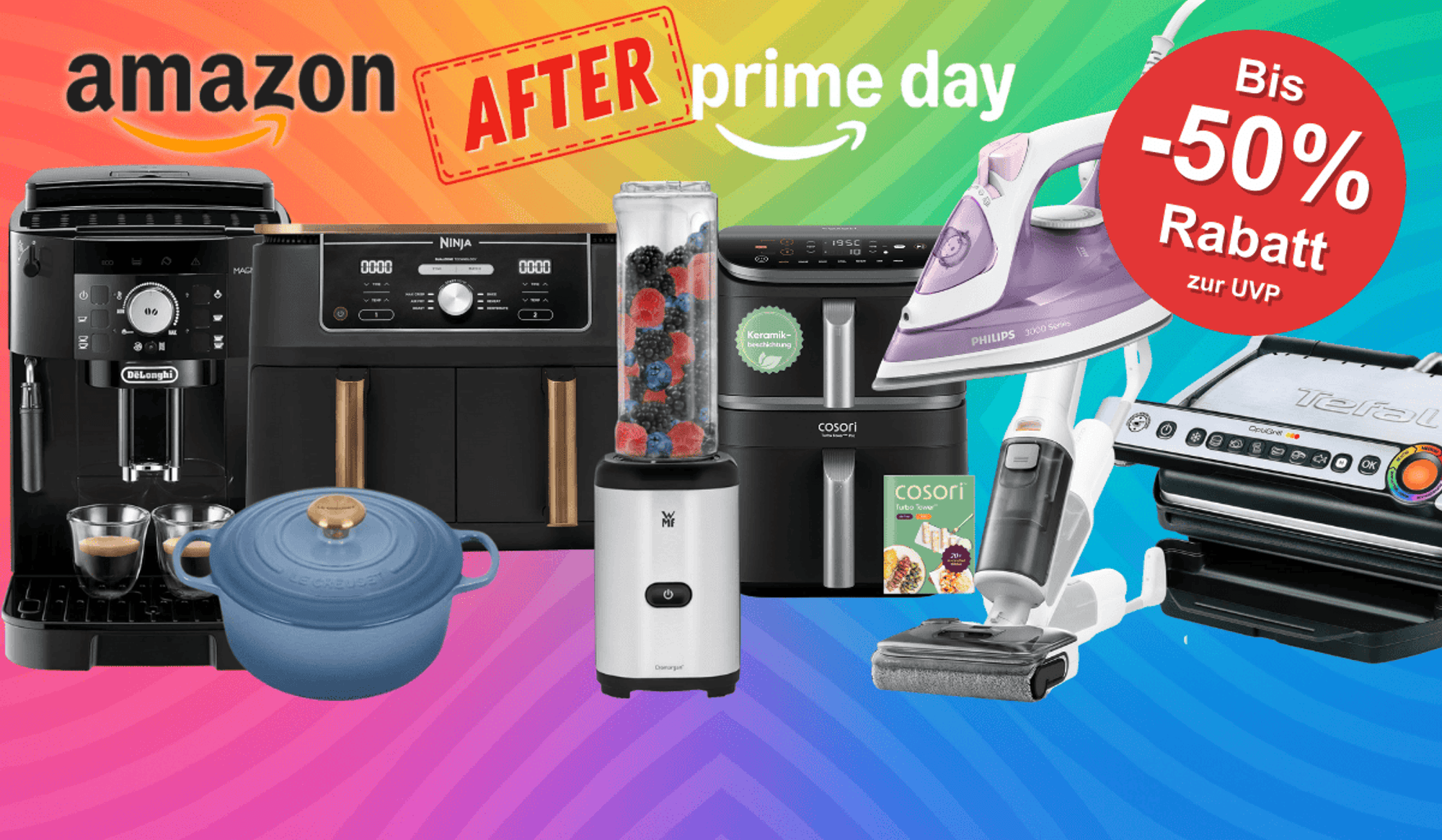 Verschiedene Küchenartikel wie Airfryer, Staubsauger, Bügeleisen, Kaffeemaschine und mehr sind vor einem bunten Hintergrund platziert.
