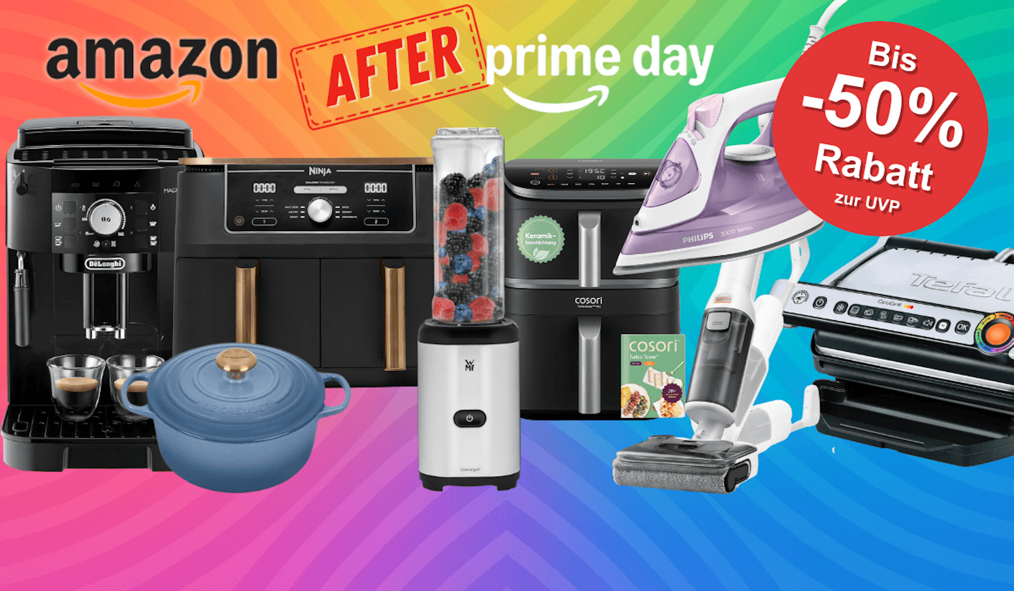 Verschiedene Küchenartikel wie Airfryer, Staubsauger, Bügeleisen, Kaffeemaschine und mehr sind vor einem bunten Hintergrund platziert.