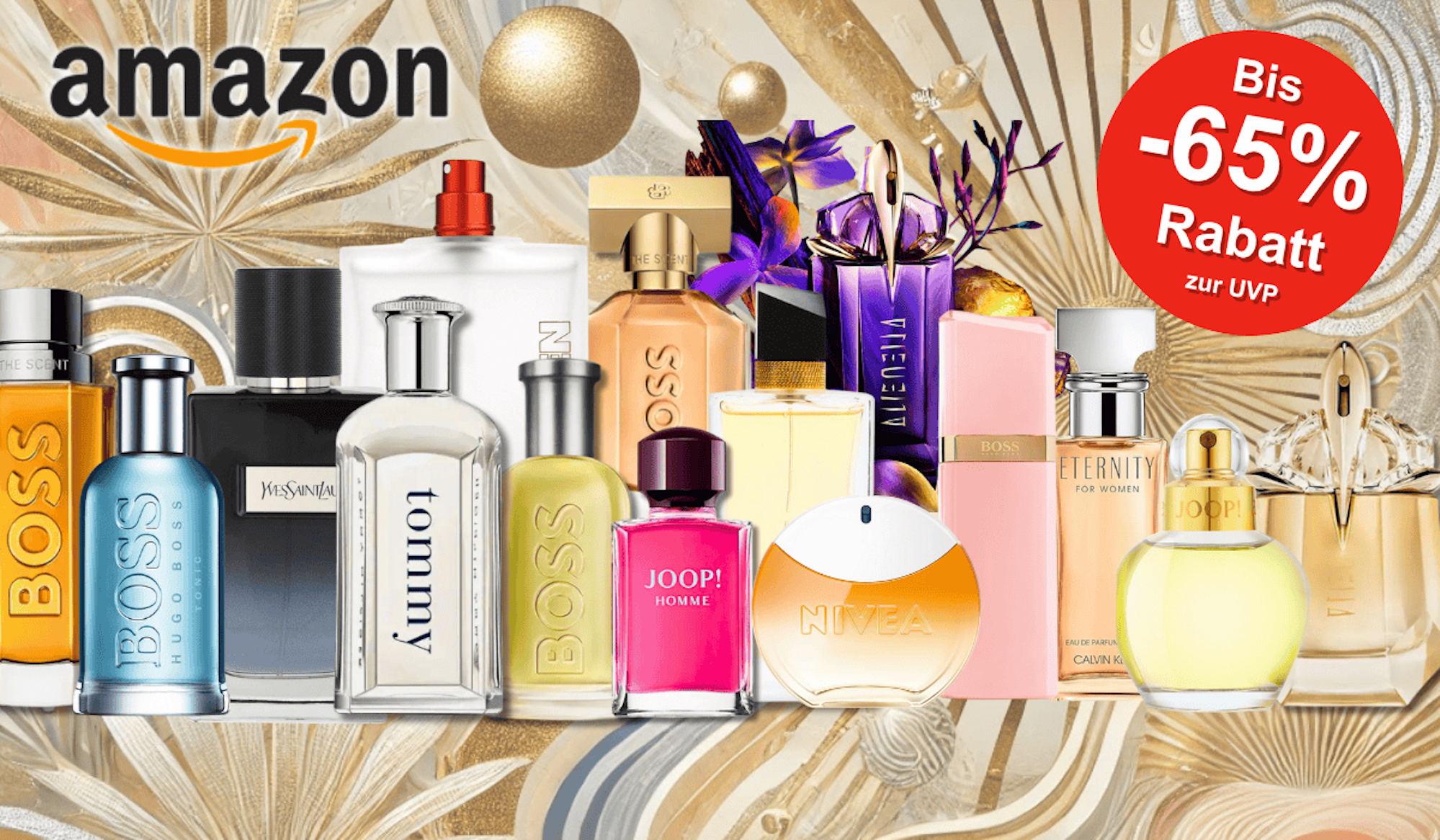 Darstellung verschiedenster Parfums für Damen und Herren vor einem Hintergrund in Silber- und Goldtönen.