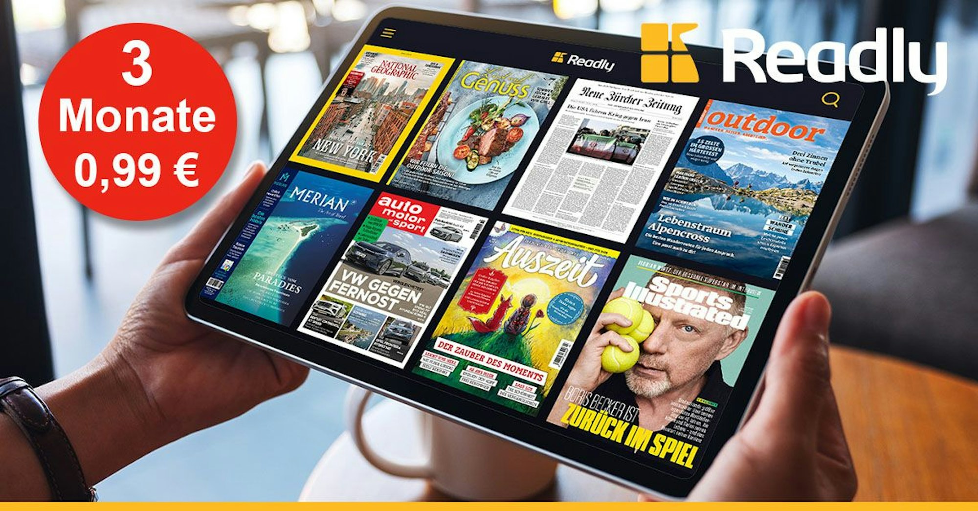 Readly App mit mehreren Zeitschriften wie National Geographic, Sports Illustrated, Auto Motor Sport, Neue Zürcher Zeitung, Outdoor auf einem Tablet.