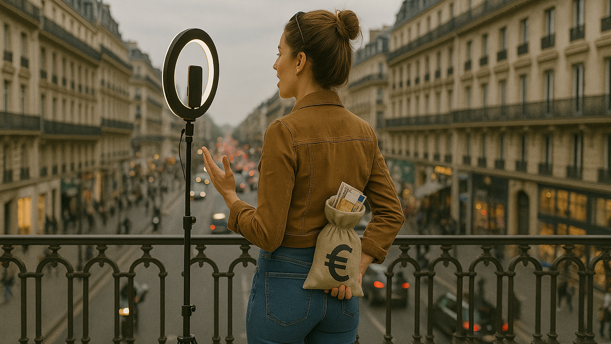 Dieses mit KI erstellte Bild zeigt eine Frau, die in eine Handykamera spricht und einen Sack Geld hinter ihrem Rücken versteckt.