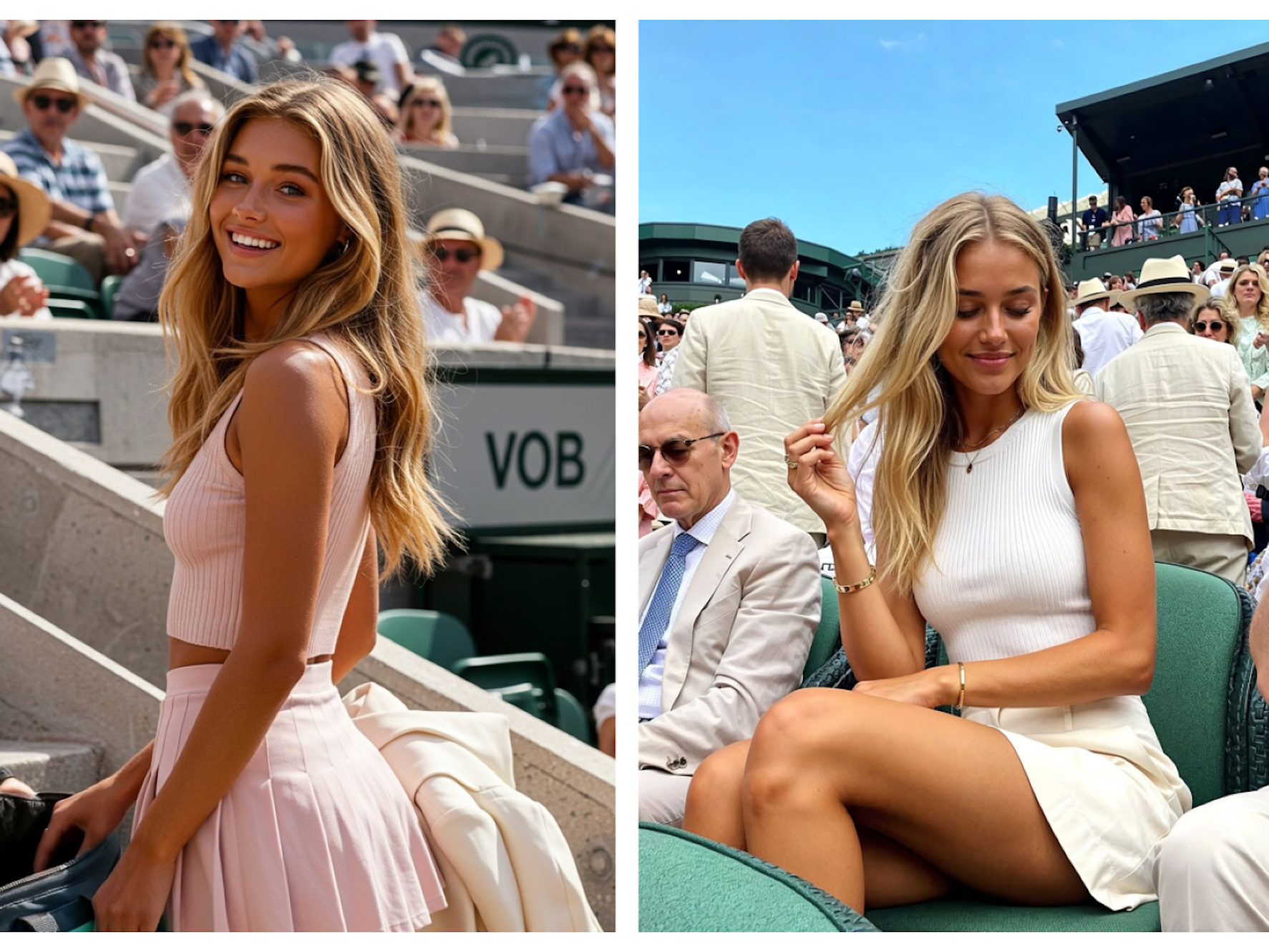 Bildkombo: Influencerin Mia Zelu posiert bei Tennis-Turnieren auf der Tribüne.