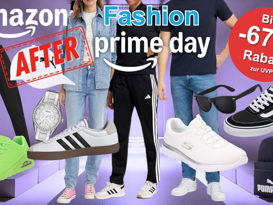 Sneaker, Schuhe und Kleidung von Marken wie adidas, Nike, Skechers, Vans, Puma, Levi's, Tommy Hilfiger, Calvin Kleinvor einem lila gefärbten Raum mit Catwalk von einer Modenschau.