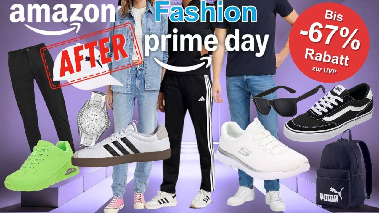 Sneaker, Schuhe und Kleidung von Marken wie adidas, Nike, Skechers, Vans, Puma, Levi's, Tommy Hilfiger, Calvin Kleinvor einem lila gefärbten Raum mit Catwalk von einer Modenschau.