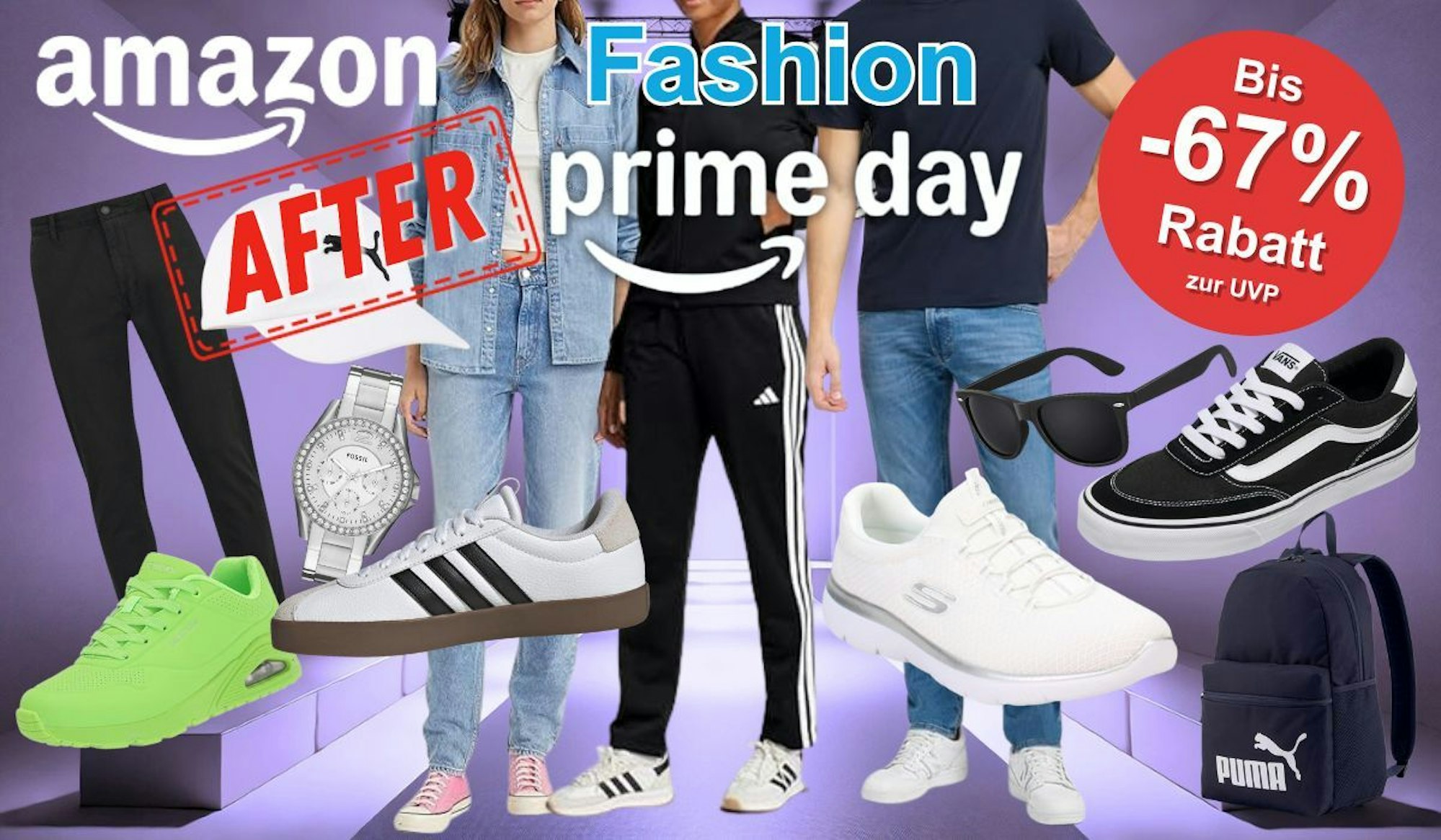 Sneaker, Schuhe und Kleidung von Marken wie adidas, Nike, Skechers, Vans, Puma, Levi's, Tommy Hilfiger, Calvin Kleinvor einem lila gefärbten Raum mit Catwalk von einer Modenschau.