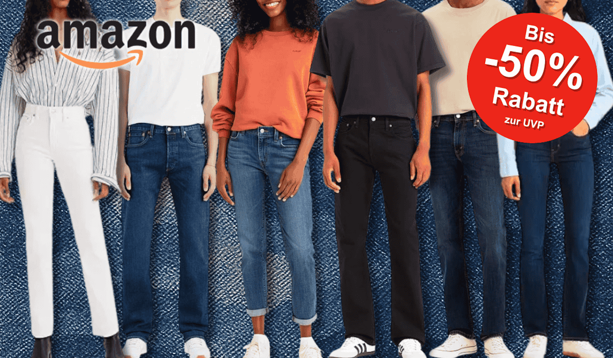 Darstellung verschiedener Levi's Jeans Modelle vor einem Hintergrund in Denim Style.