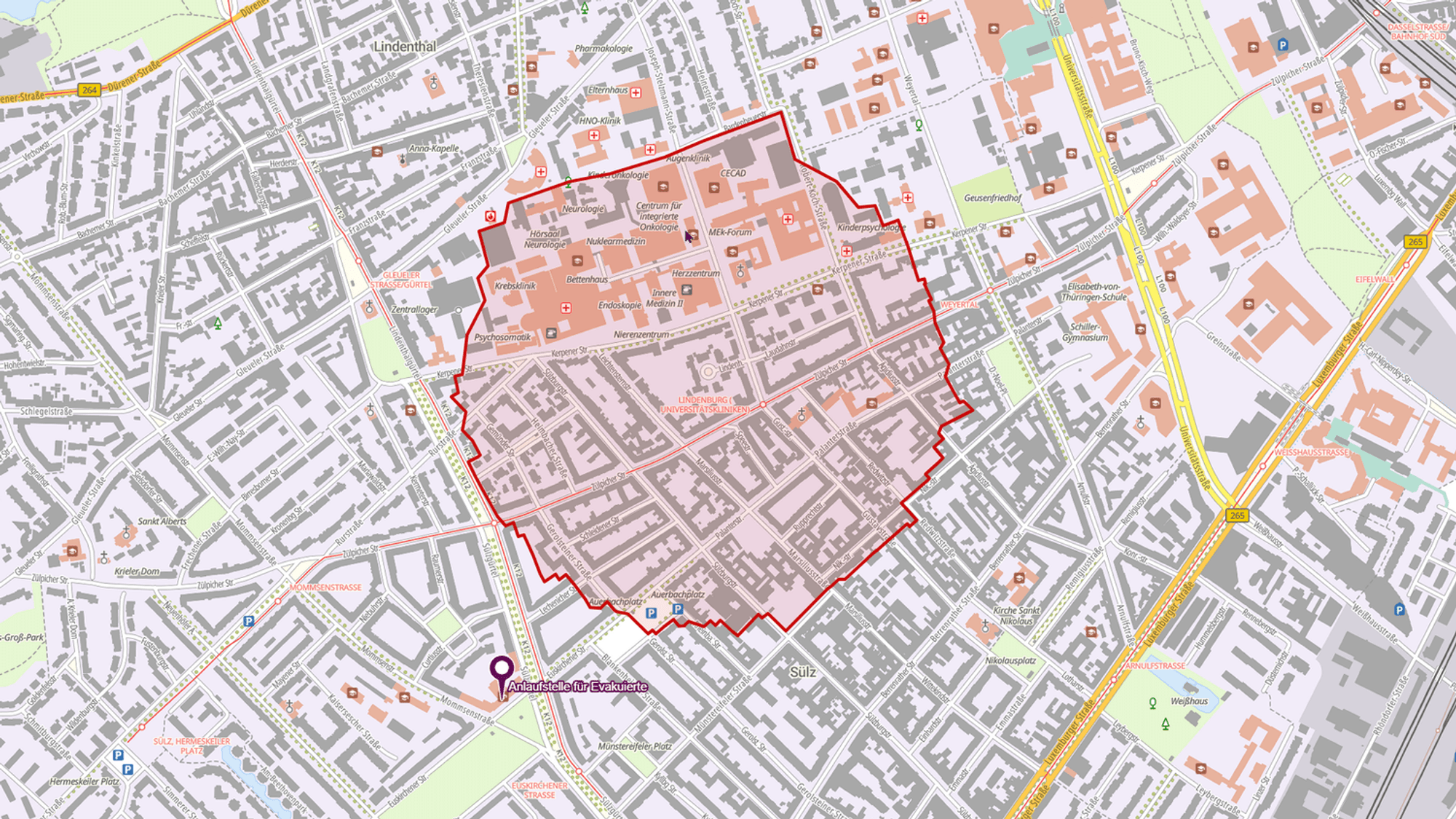 Das ist der Evakuierungsbereich Köln-Lindenthal.