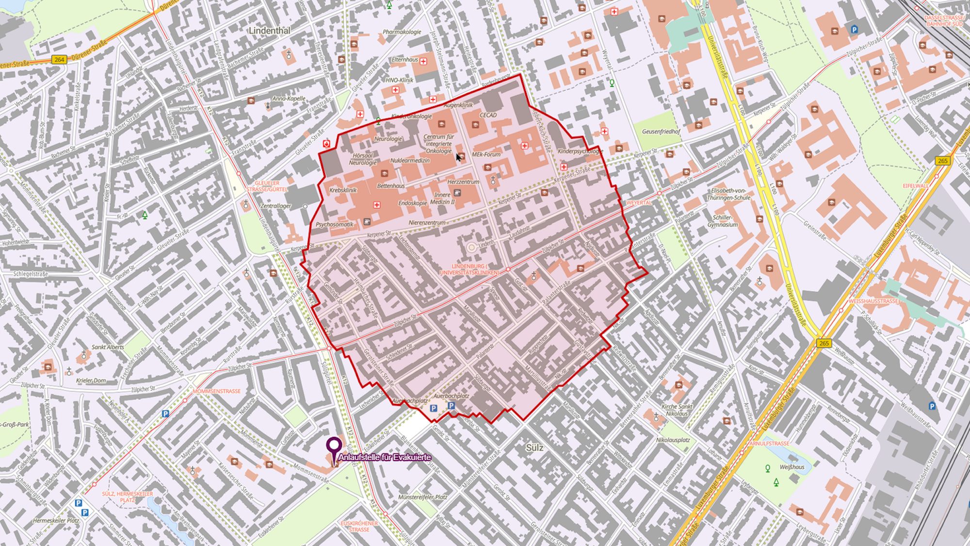 Das ist der Evakuierungsbereich Köln-Lindenthal.