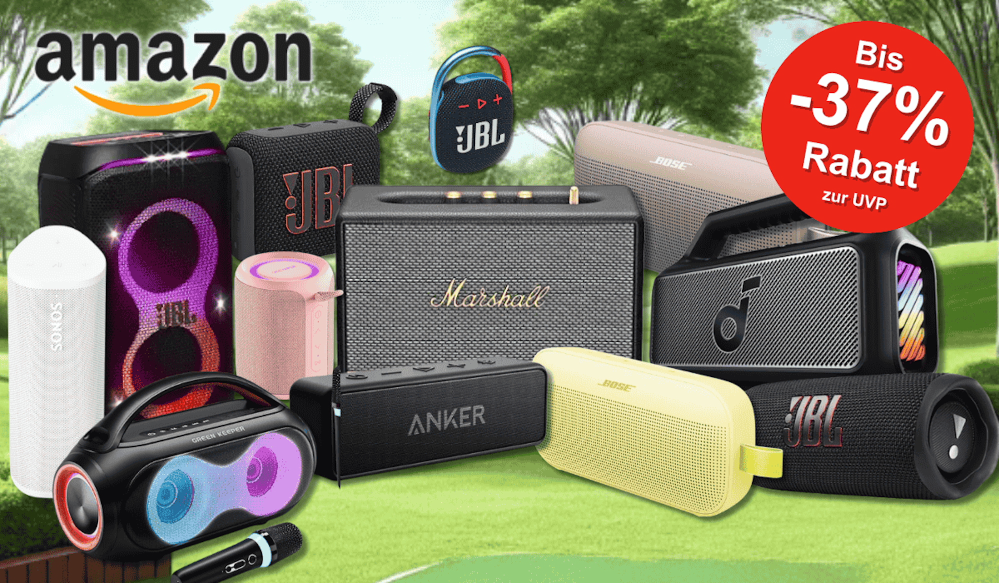 Eine Auswahl verschiedener tragbarer Bluetooth-Lautsprecher bekannter Marken wie JBL, Bose, Marshall, Anker und Sonos, die vor einem grünen Parkhintergrund.