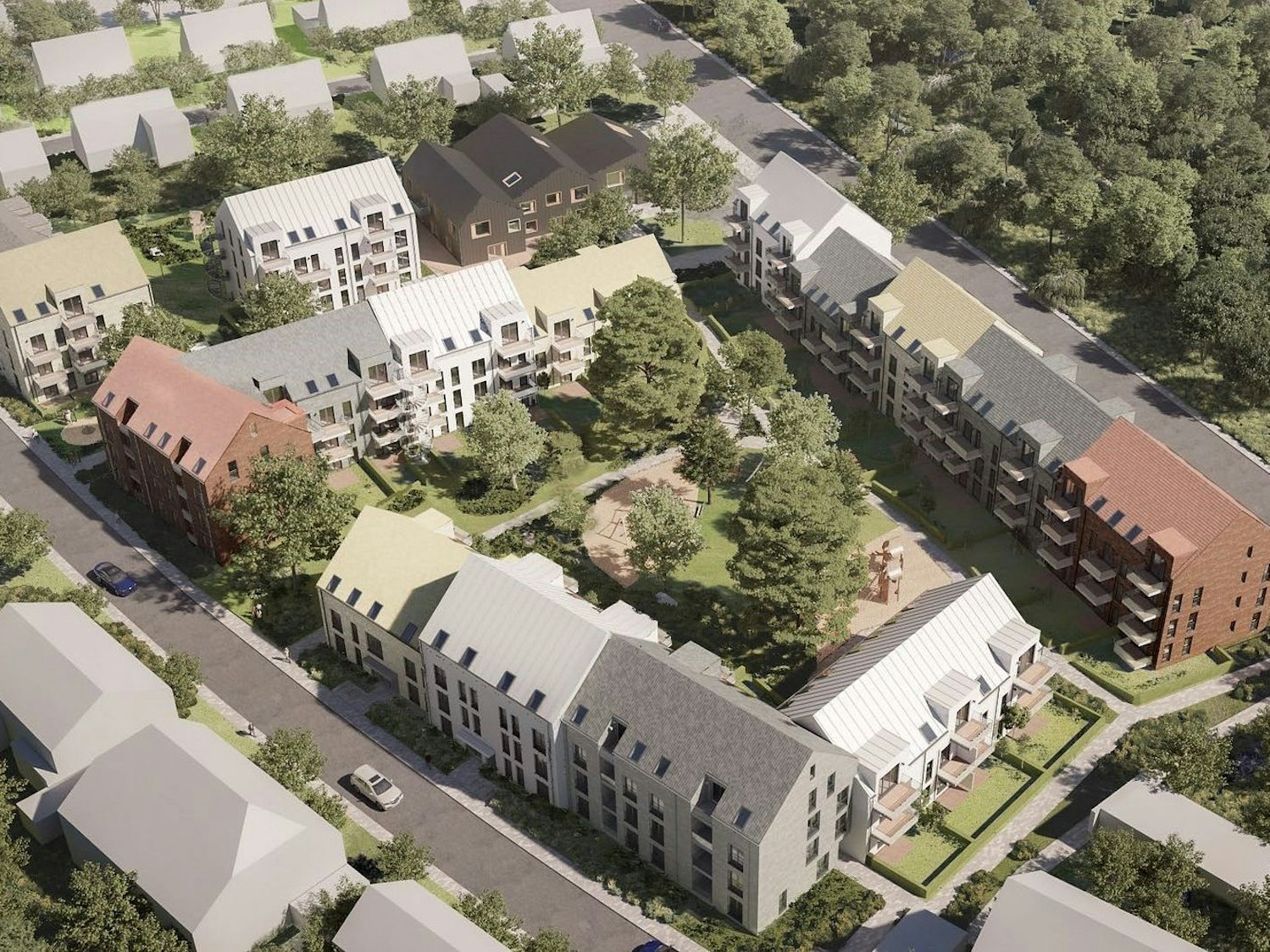So soll es bald aussehen: Eine Visualisierung zeigt das geplante neue Quartier in Köln-Höhenhaus mit 400 Wohnungen.