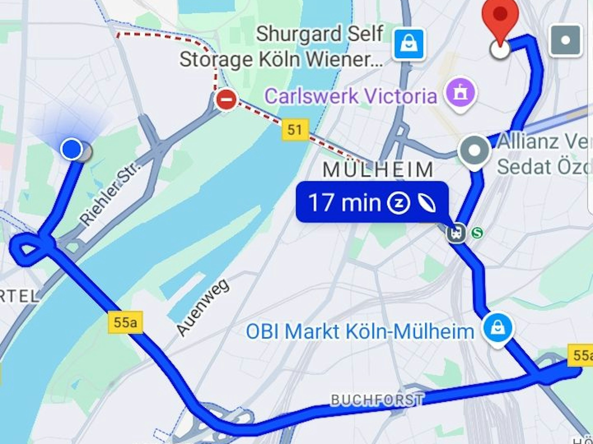 Von Köln-Riehl in die Schanzenstraße nach Köln-Mülheim. Google Maps zeigt die Sperrung der Mülheimer Brücke an und navigiert über die Zoobrücke. Ein ordentlicher Umweg.