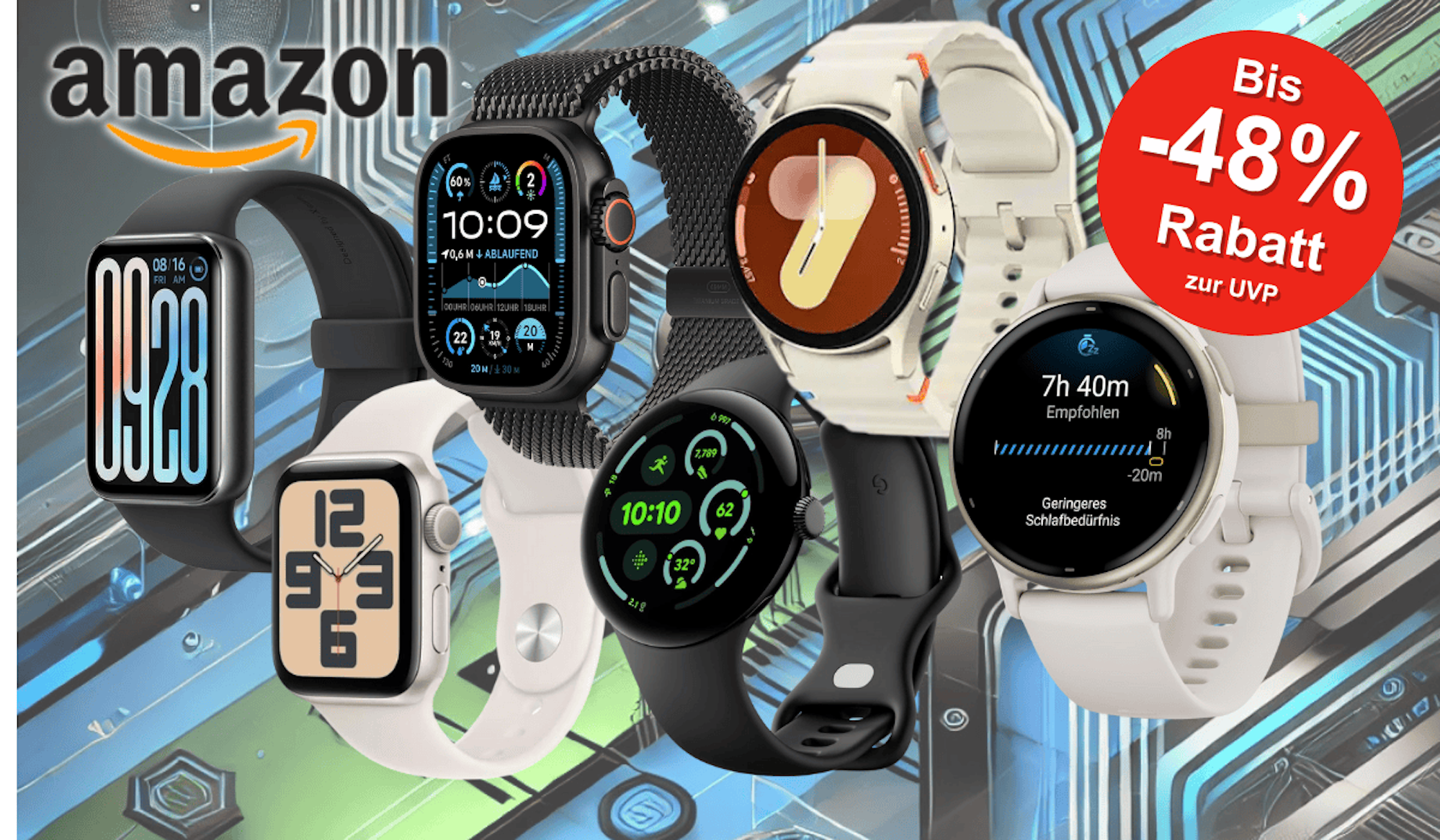 Darstellung verschiedener Smartwatch-Modelle von Marken wie Apple, Samsung, Garmin und mehr vor einem Hintergrund mit einem abstrakten Muster in blau, schwarz und grün.