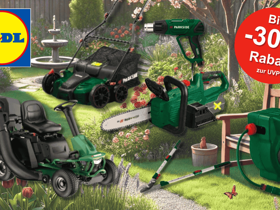 Eine idyllische Gartenszene mit verschiedenen Parkside Gartengeräten von Lidl – darunter Rasenmäher, Kettensäge, Teleskop-Schneider und Schlauchaufroller.