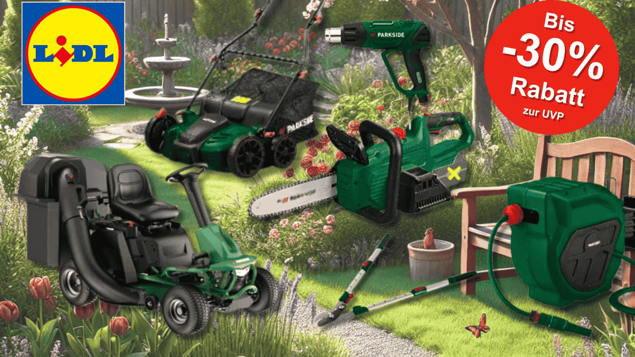 Eine idyllische Gartenszene mit verschiedenen Parkside Gartengeräten von Lidl – darunter Rasenmäher, Kettensäge, Teleskop-Schneider und Schlauchaufroller.