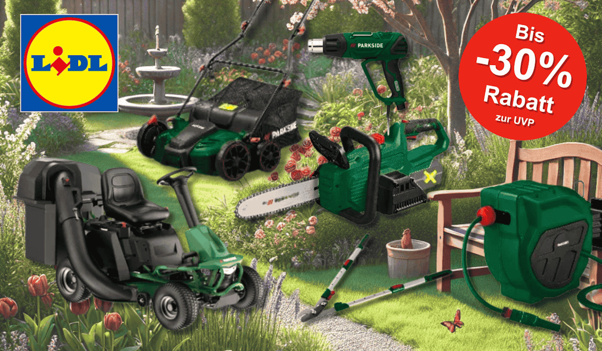 Eine idyllische Gartenszene mit verschiedenen Parkside Gartengeräten von Lidl – darunter Rasenmäher, Kettensäge, Teleskop-Schneider und Schlauchaufroller.