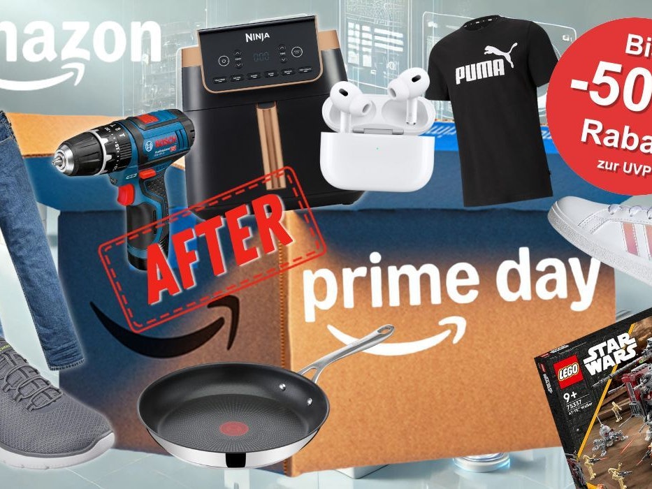 Amazon After Prime Day mit Produkten wie Bosch Professional, Skechers, Adidas Sneaker, Lego Star Wars, Tefal Jamie Oliver Pfanne, Levi's Jeans, Apple Airpods, Puma.