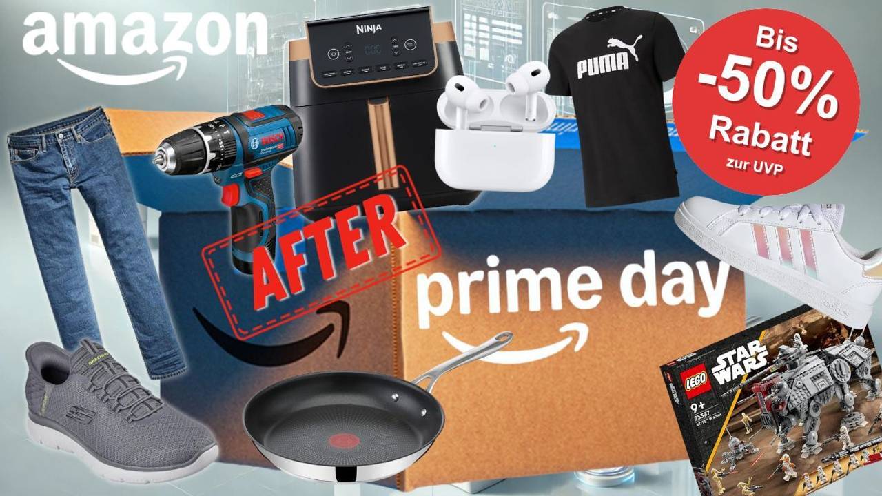 Amazon After Prime Day mit Produkten wie Bosch Professional, Skechers, Adidas Sneaker, Lego Star Wars, Tefal Jamie Oliver Pfanne, Levi's Jeans, Apple Airpods, Puma.