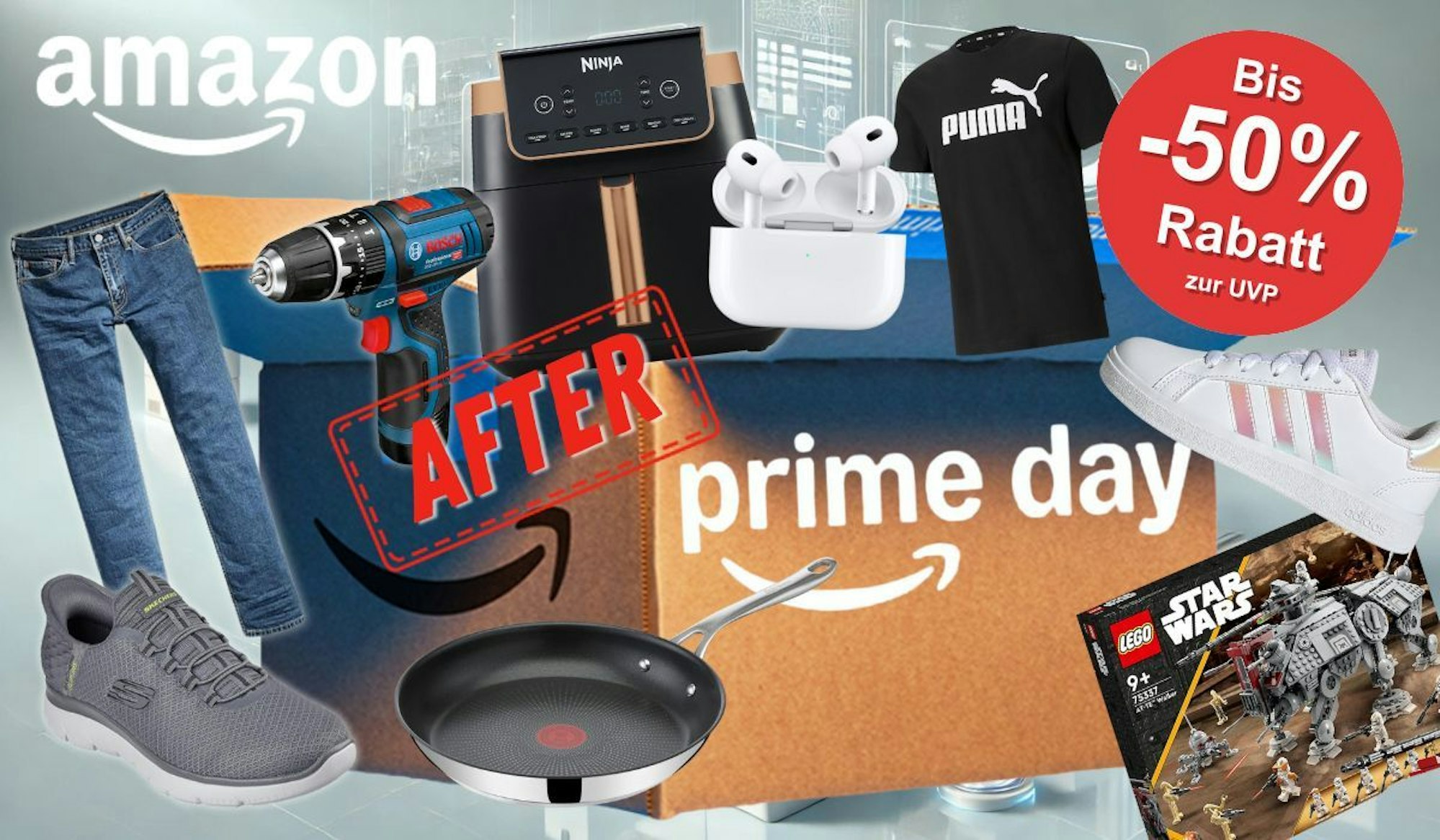 Amazon After Prime Day mit Produkten wie Bosch Professional, Skechers, Adidas Sneaker, Lego Star Wars, Tefal Jamie Oliver Pfanne, Levi's Jeans, Apple Airpods, Puma.