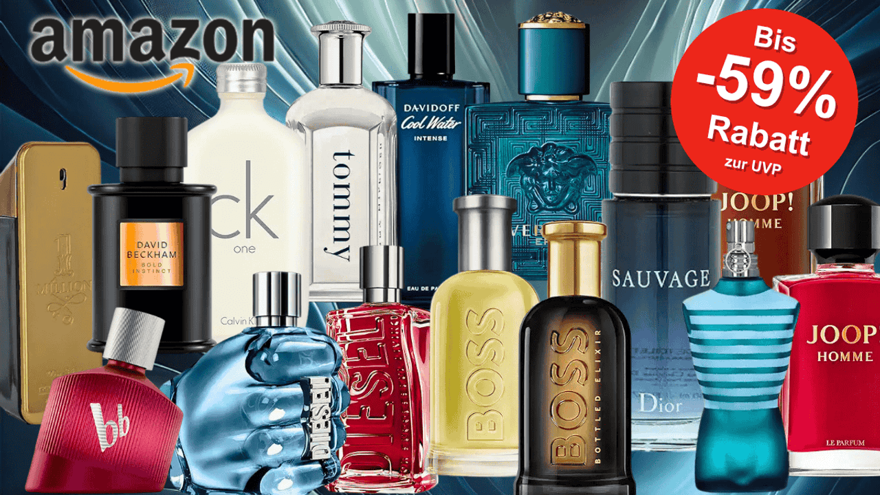 Eine Auswahl beliebter Herren Parfums von Premium-Marken wie Dior, Hugo Boss, Diesel, Joop!, Tommy Hilfiger, CK und mehr, die prominent nebeneinander platziert sind.