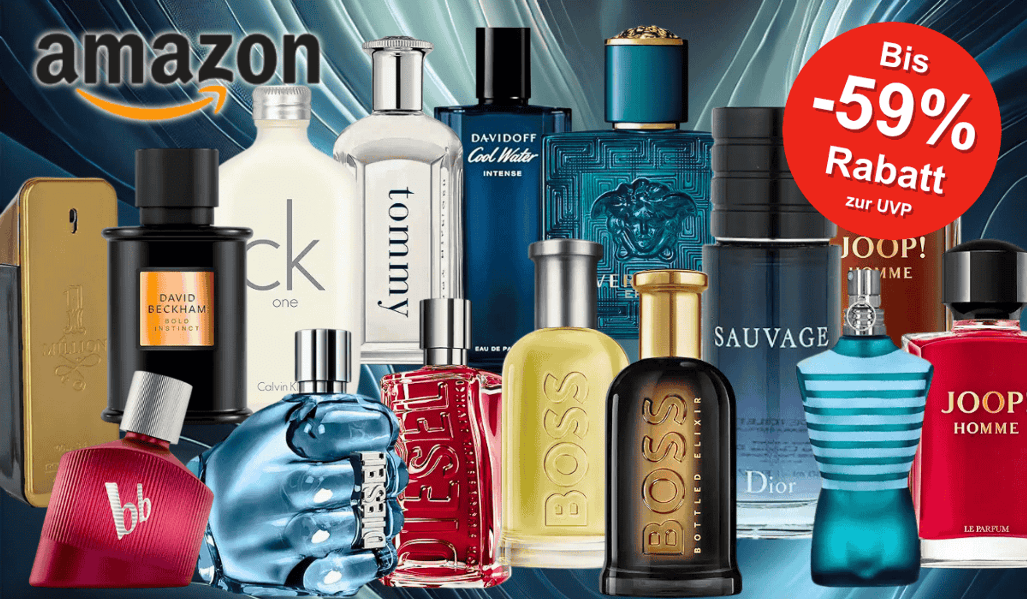 Eine Auswahl beliebter Herren Parfums von Premium-Marken wie Dior, Hugo Boss, Diesel, Joop!, Tommy Hilfiger, CK und mehr, die prominent nebeneinander platziert sind.