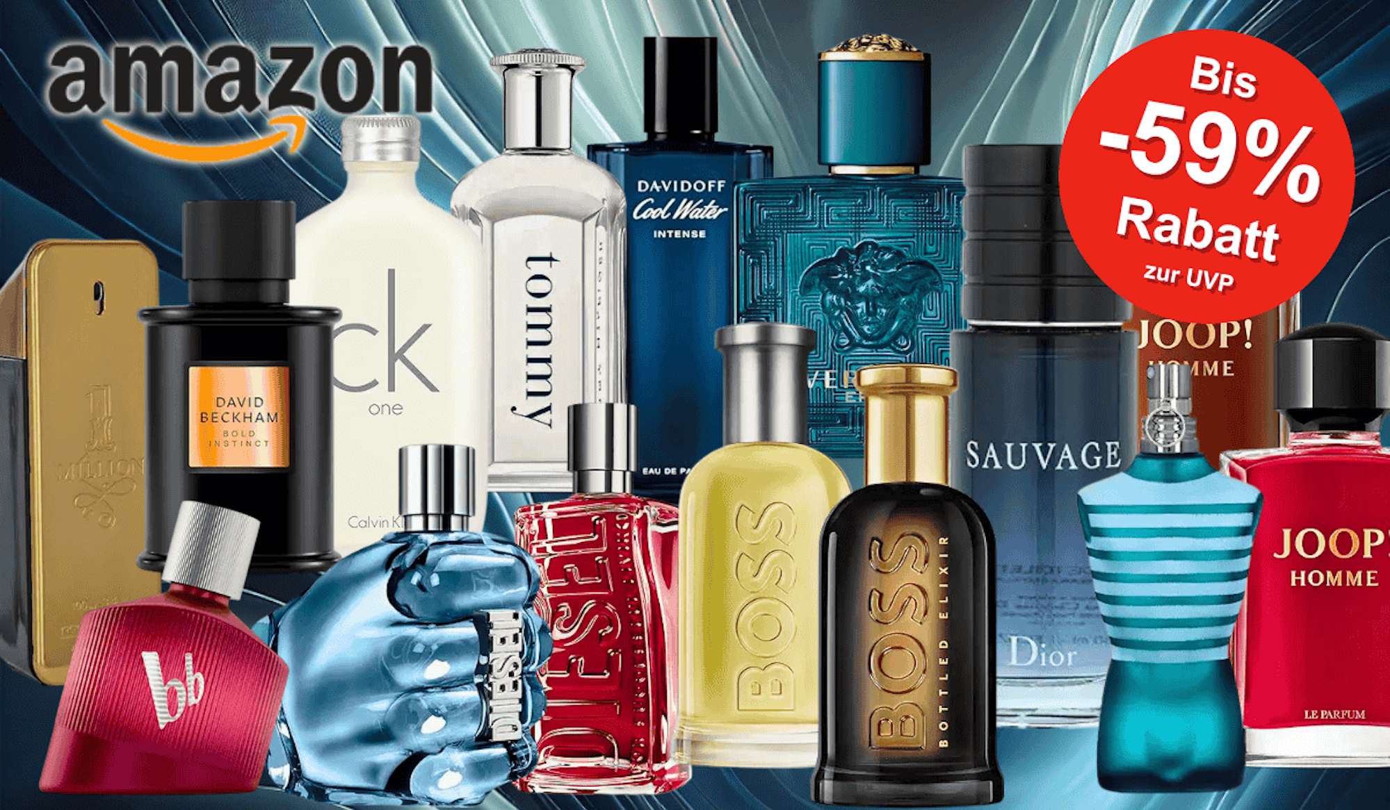 Eine Auswahl beliebter Herren Parfums von Premium-Marken wie Dior, Hugo Boss, Diesel, Joop!, Tommy Hilfiger, CK und mehr, die prominent nebeneinander platziert sind.
