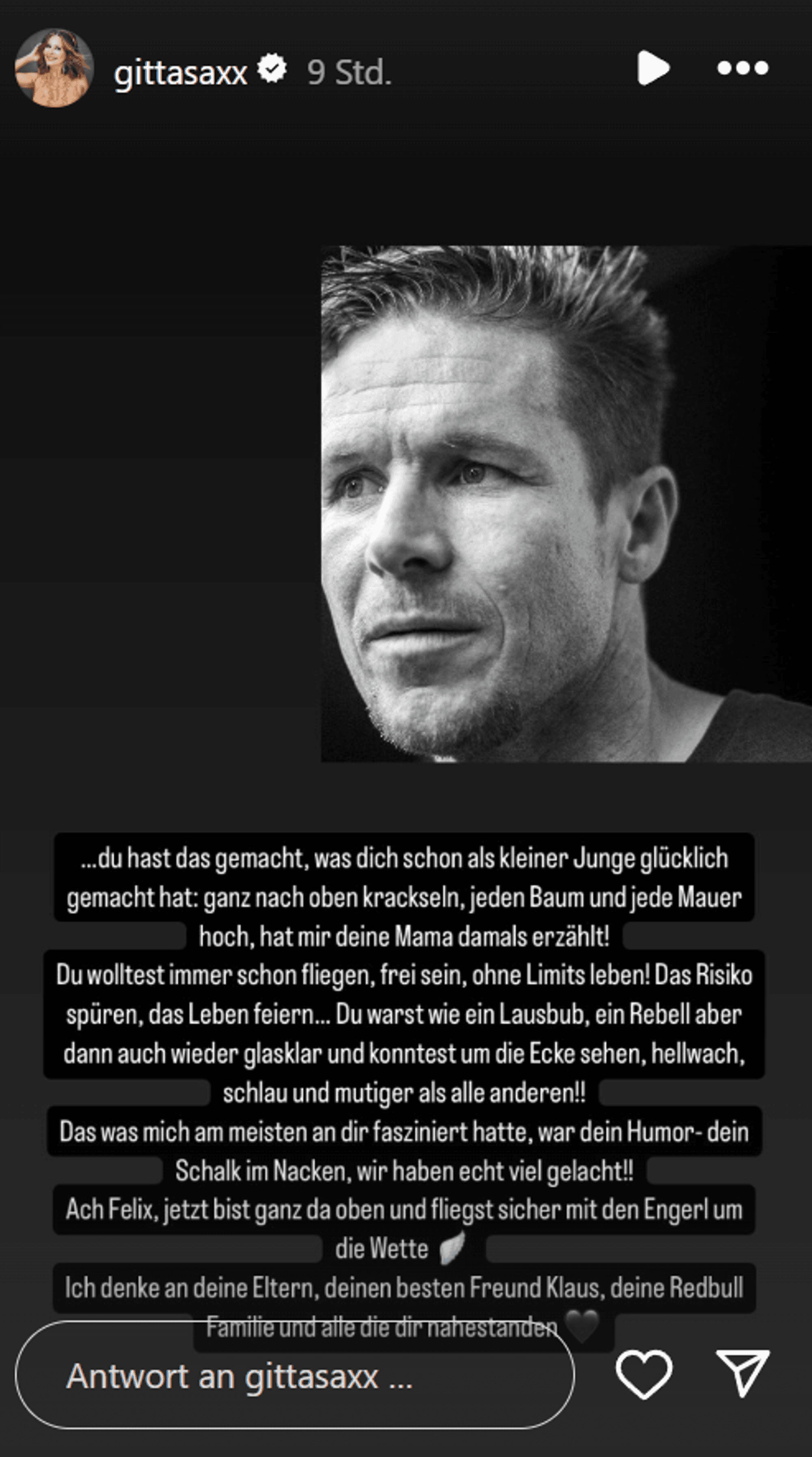 Zu sehen ist eine emotionale Instagram Story von TV-It-Girl Gitta Saxx in welcher sie ihrem verstorbenen Ex-Freund Felix Baumgartner gedenkt.