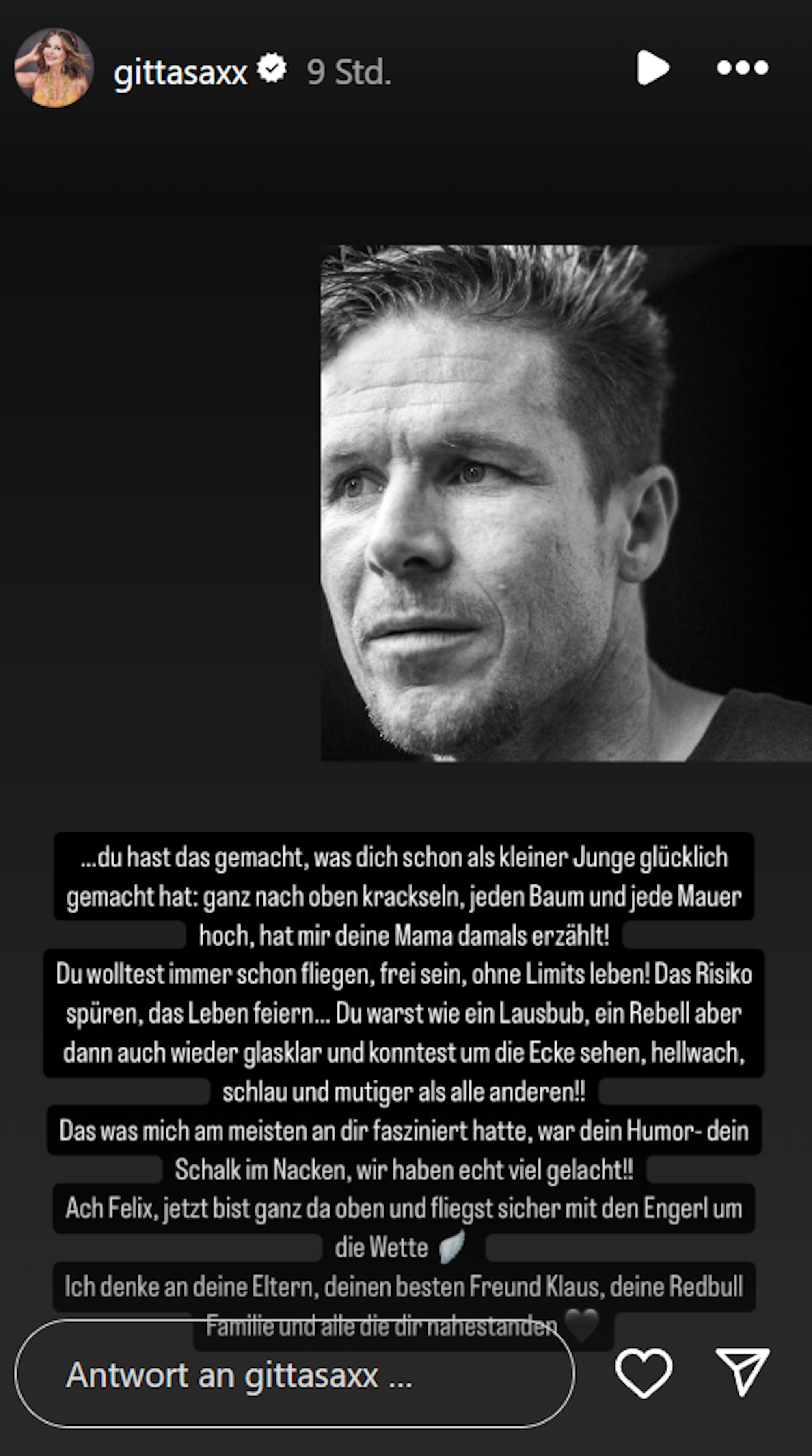 Zu sehen ist eine emotionale Instagram Story von TV-It-Girl Gitta Saxx in welcher sie ihrem verstorbenen Ex-Freund Felix Baumgartner gedenkt.