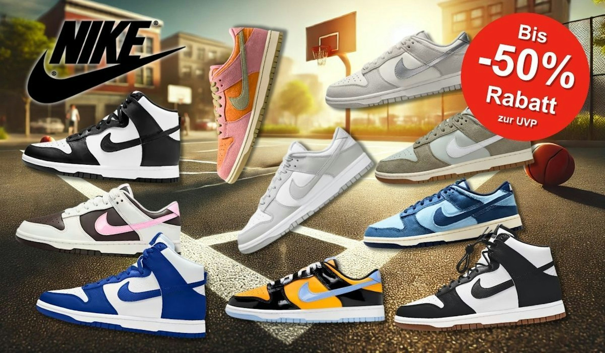 Verschiedene Nike Dunk Modelle in unterschiedlichen Farben vor einem Basketballplatz.