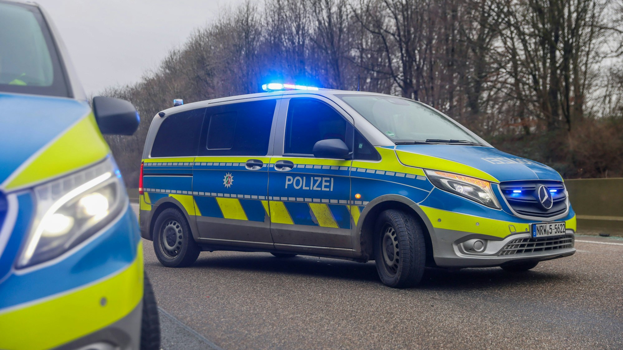 Streifenwagen der Autobahnpolizei stehen mit Blaulicht auf einer Autobahn.
