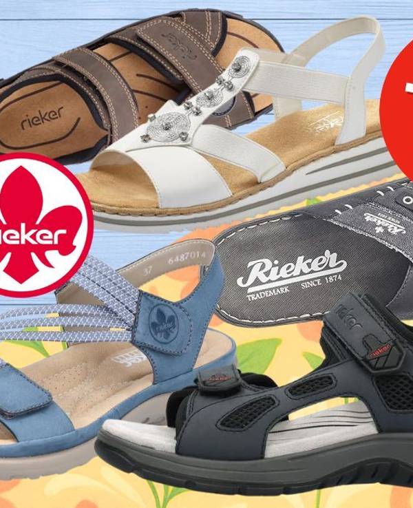 Rieker Sandalen, Sandaletten und Pantoletten in verschiedenen Farben und Modellen vor einem bunten Hintergrund mit Holzwand und Blumen.