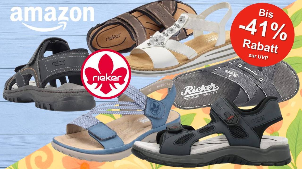 Rieker Sandalen, Sandaletten und Pantoletten in verschiedenen Farben und Modellen vor einem bunten Hintergrund mit Holzwand und Blumen.