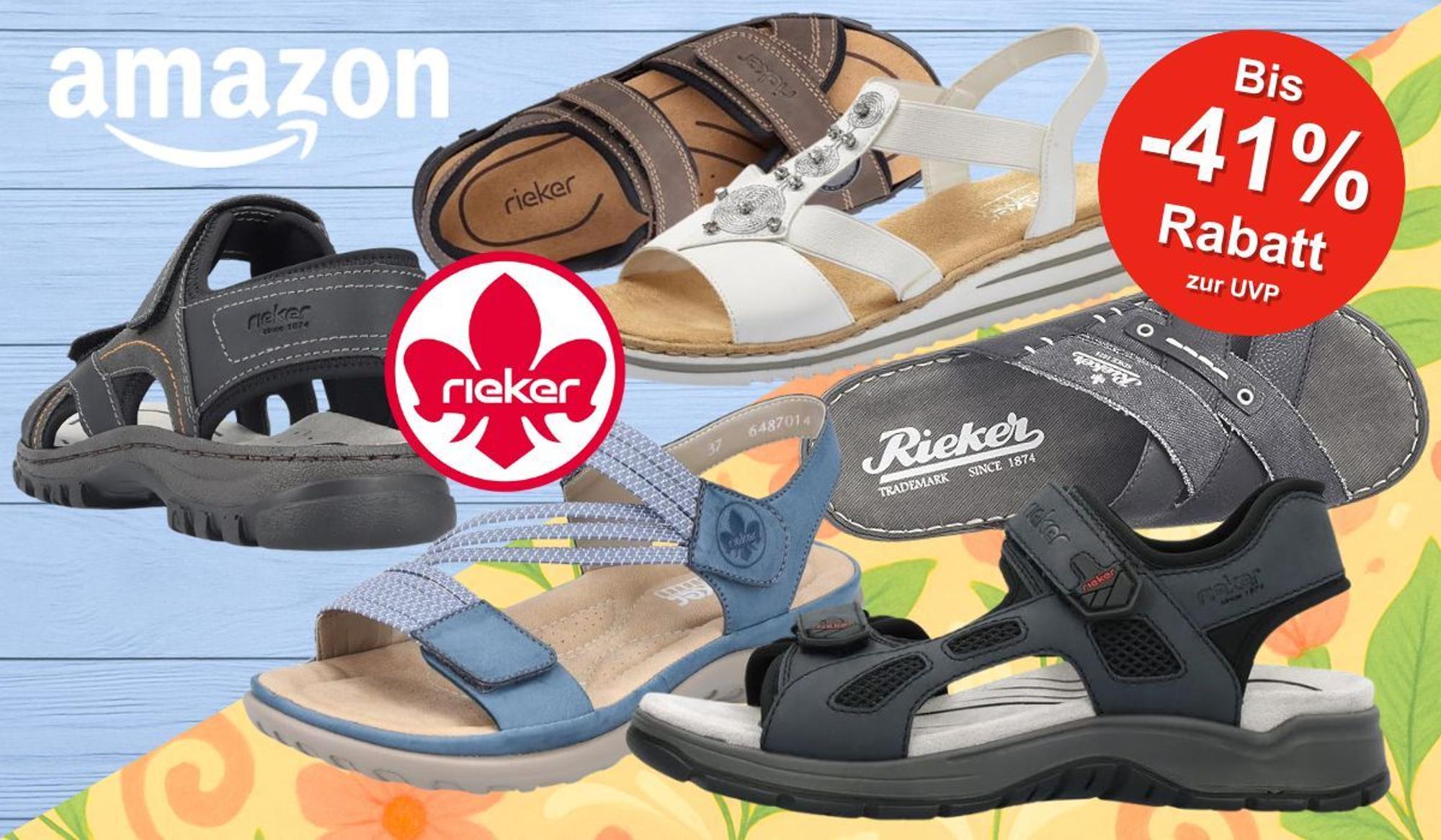 Rieker Sandalen, Sandaletten und Pantoletten in verschiedenen Farben und Modellen vor einem bunten Hintergrund mit Holzwand und Blumen.