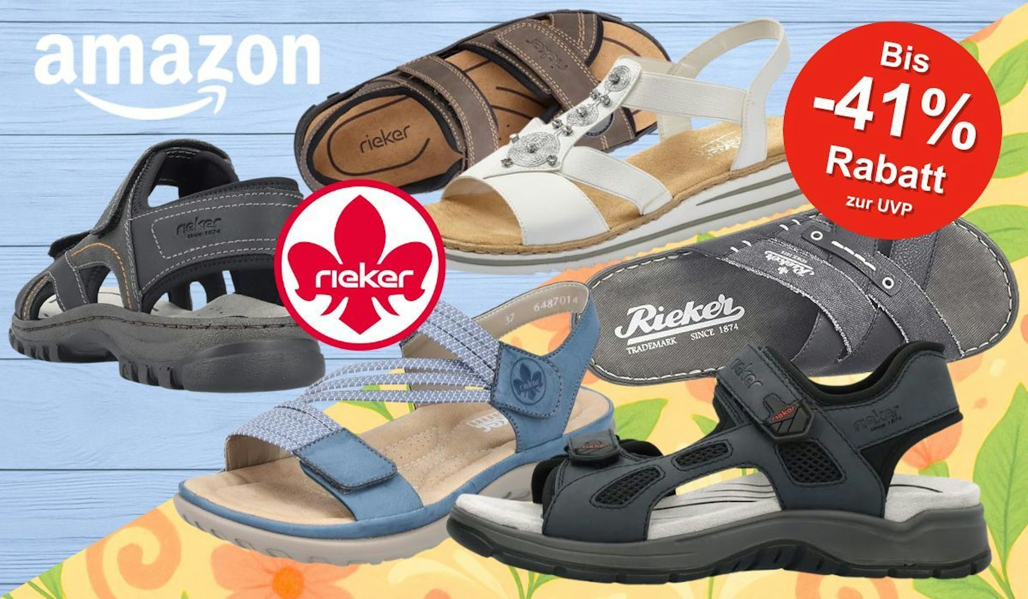 Rieker Sandalen, Sandaletten und Pantoletten in verschiedenen Farben und Modellen vor einem bunten Hintergrund mit Holzwand und Blumen.