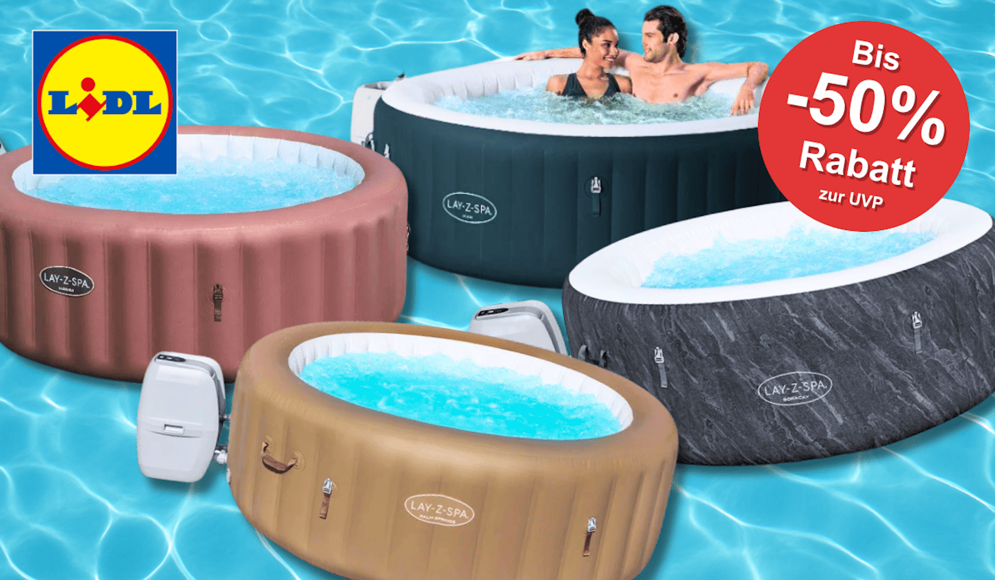 Verschiedene aufblasbare Whirlpool Modelle sind vor einem Hintergrund mit Poolwasser platziert.