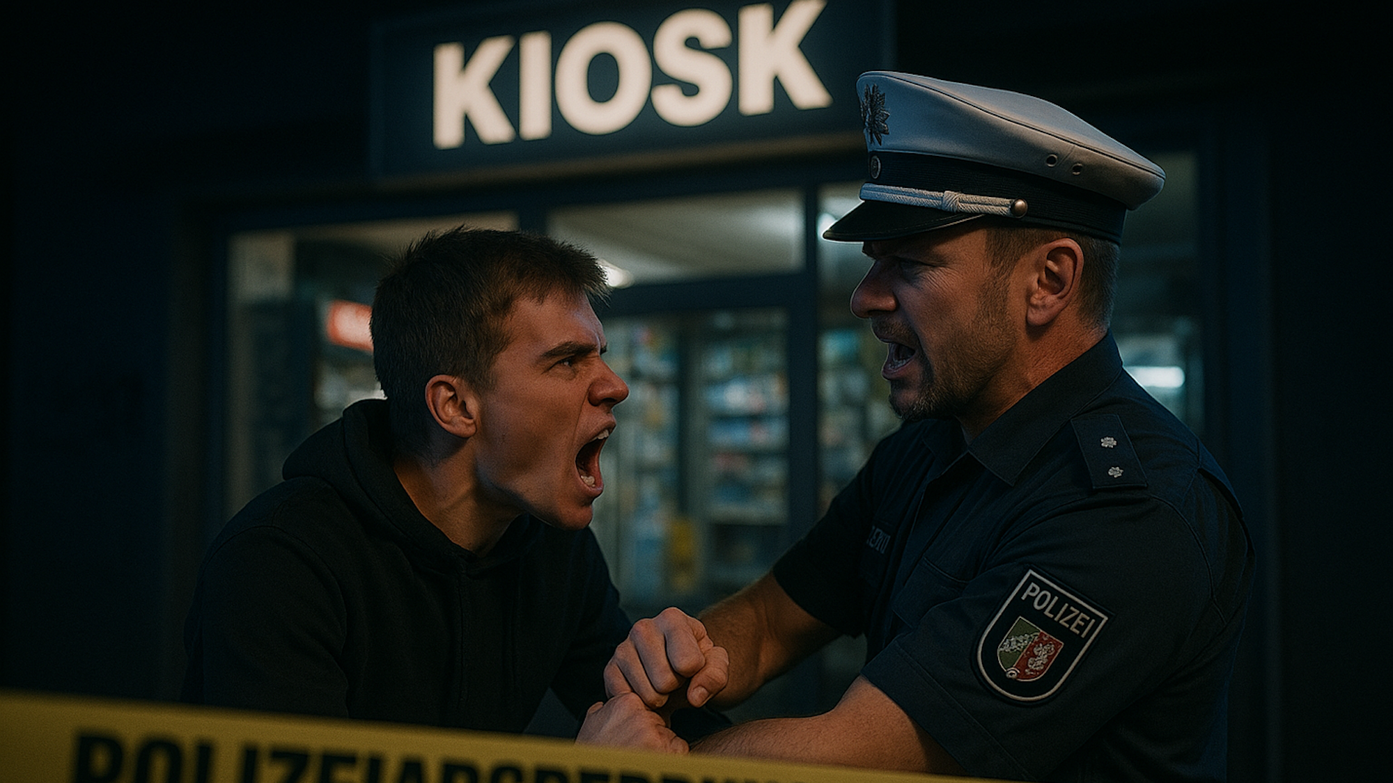Ein Polizist und ein Täter streiten vor einem Kiosk.