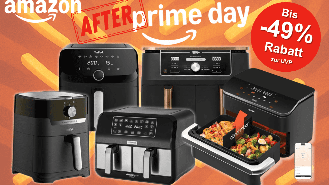 Auf dem Bild sind viele unterschiedliche Airfryer Modelle diverser Marken abgebildet.