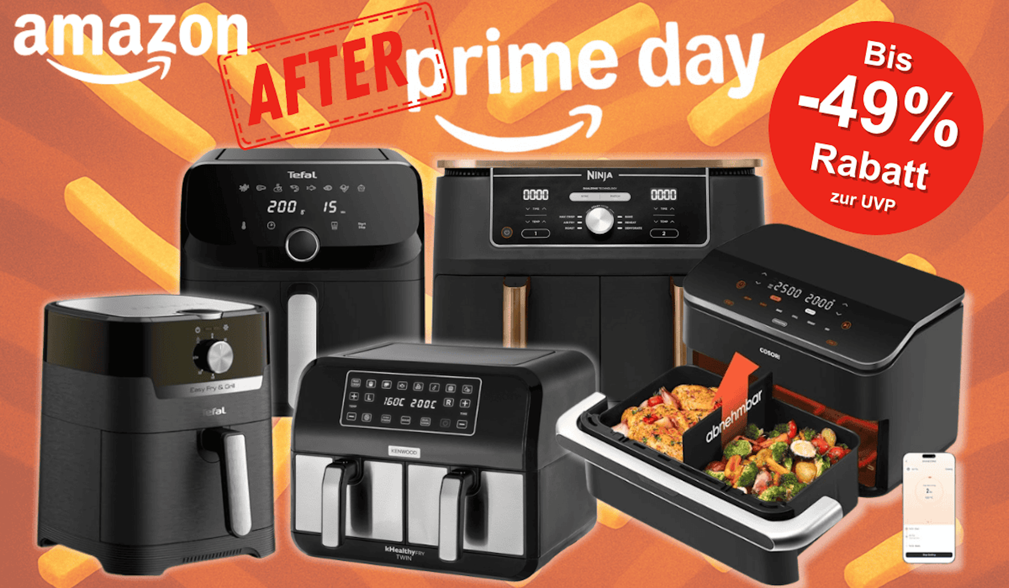 Auf dem Bild sind viele unterschiedliche Airfryer Modelle diverser Marken abgebildet.