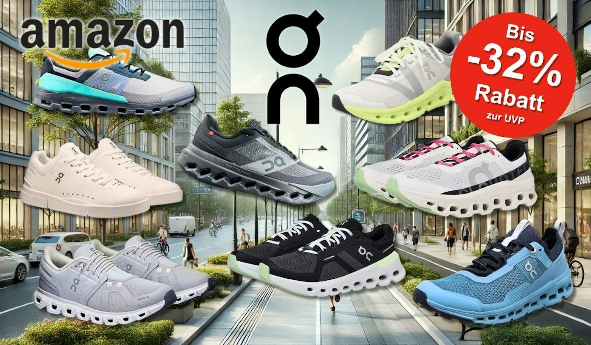 Eine Auswahl aktueller On Sneaker-Modelle, die prominent vor einer urbanen Kulisse mit Hochhäusern und Fußgängern platziert sind.