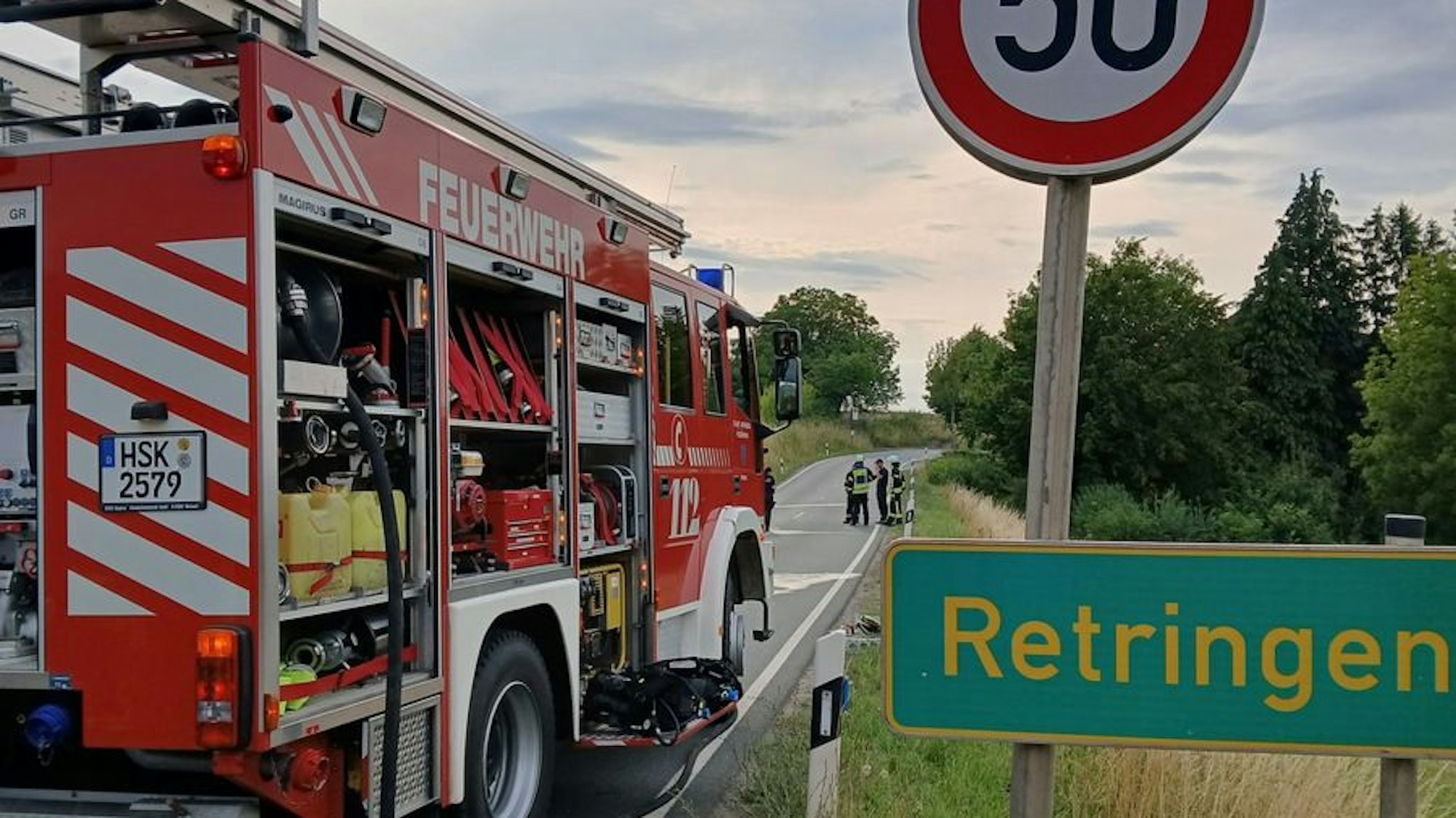 Ein ausgebranntes Autowrack steht auf einer Wiese neben einer Straße.