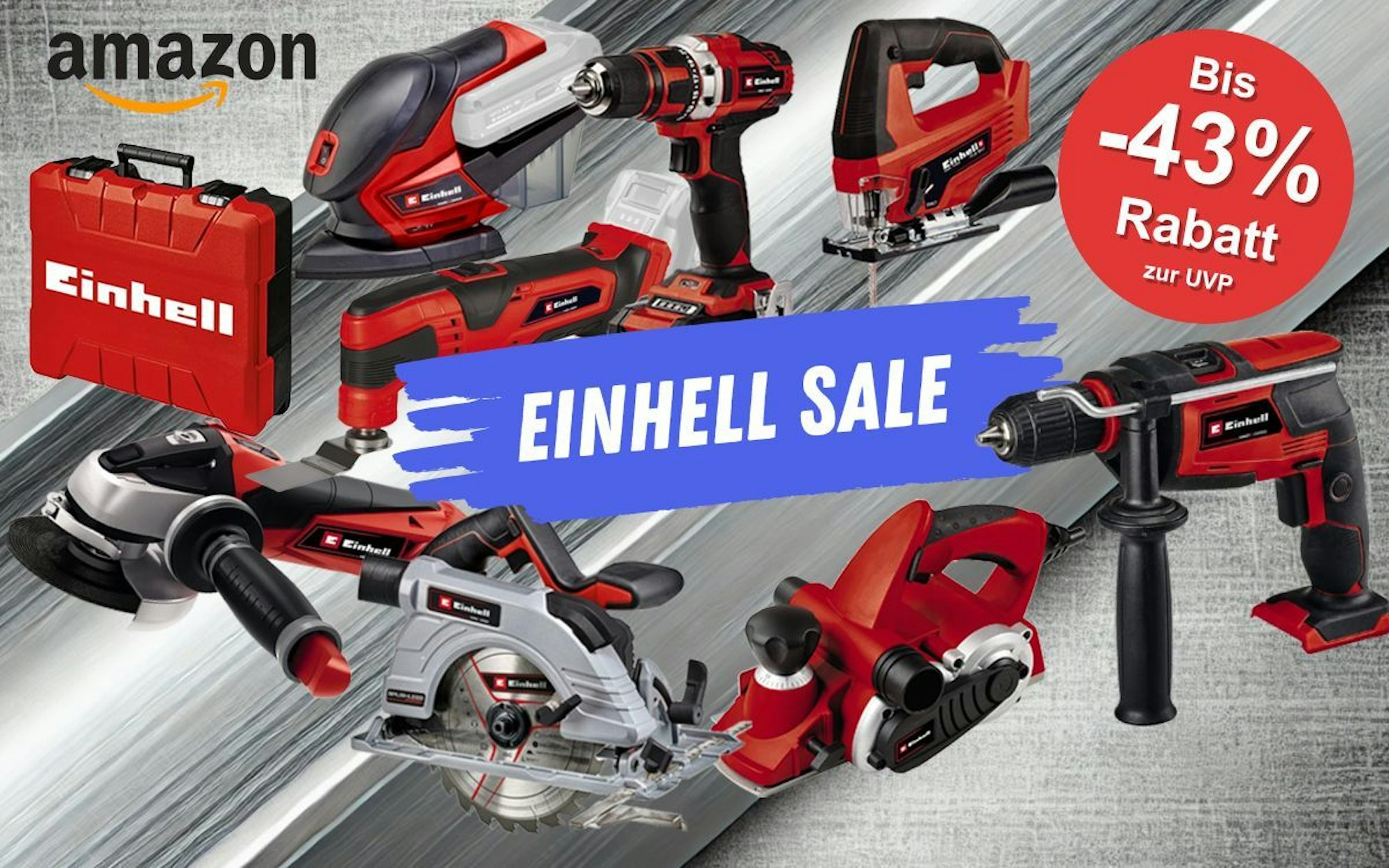 Einhell Werkzeug vor einem Hintergrund aus Metall. Davor ein Winkelscheifer Akku Bohrschrauber, Stichsäge, Kreissäge, Elektrohobel, Multifunktionswerkzeug, Werkzeugkoffer.