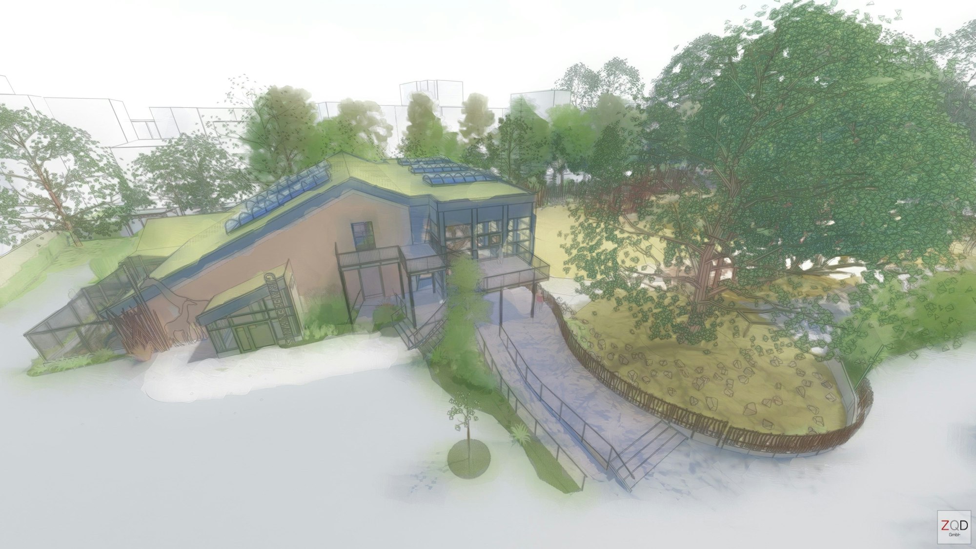 Eine Computer-Animation zeigt das geplante neue Giraffenhaus im Kölner Zoo.
