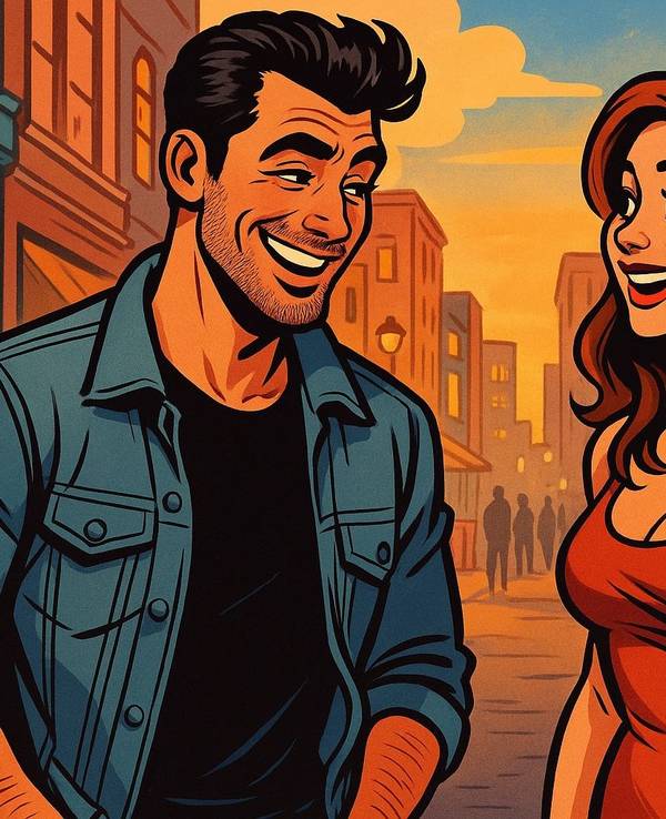Mann und Frau lächeln sich auf der Straße an. Bild im Comic-Style.