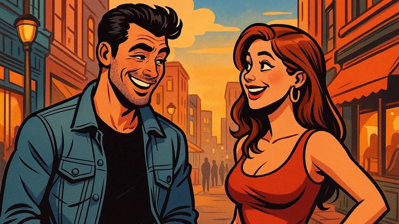 Mann und Frau lächeln sich auf der Straße an. Bild im Comic-Style.