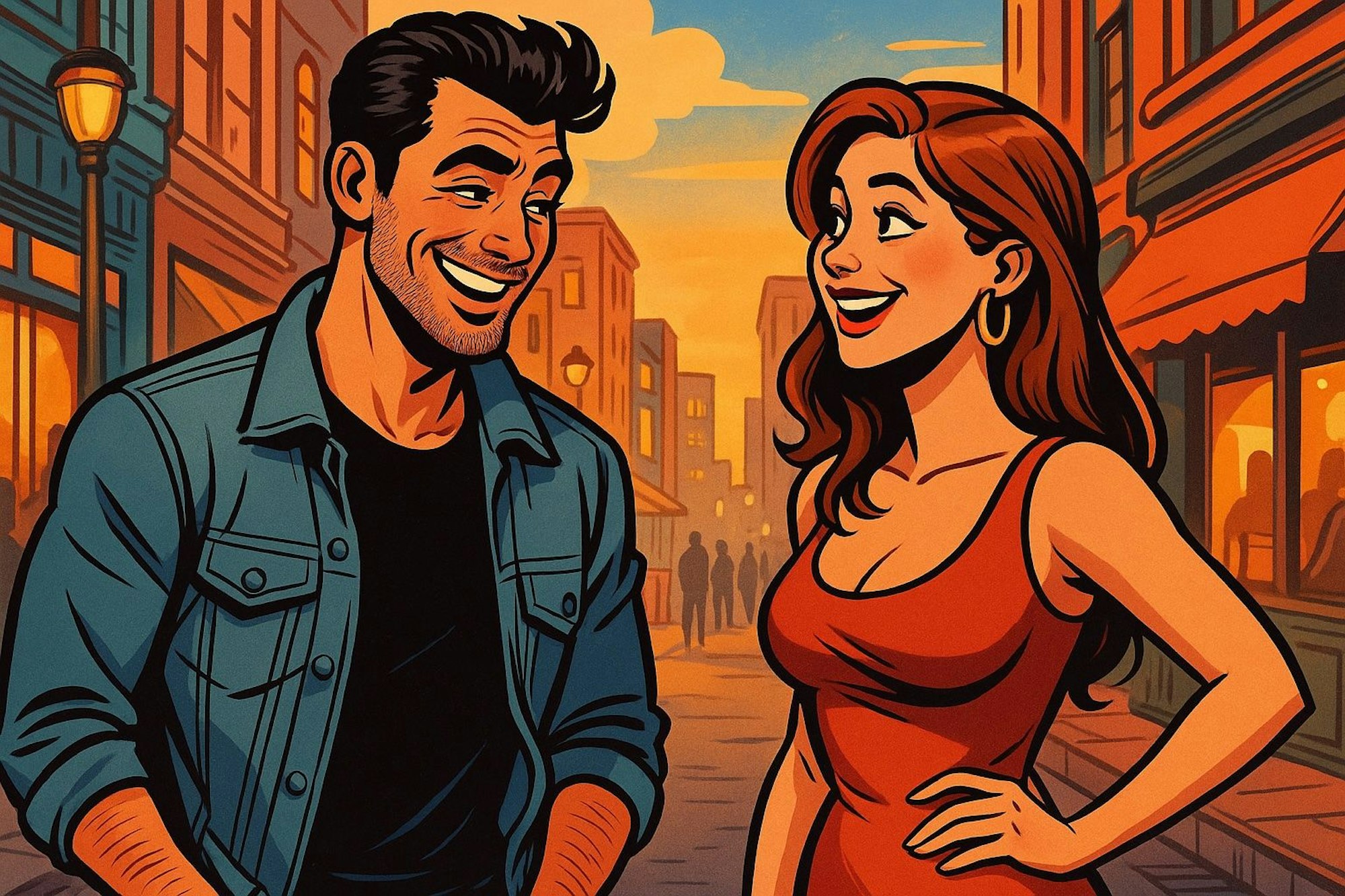 Mann und Frau lächeln sich auf der Straße an. Bild im Comic-Style.